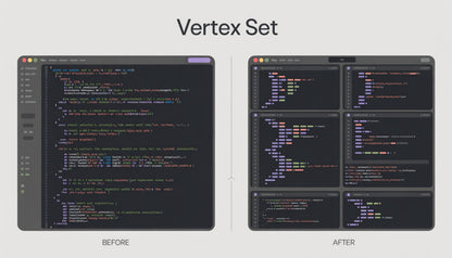Comparison of code editor layout before and after using 'Vertex Set' feature.