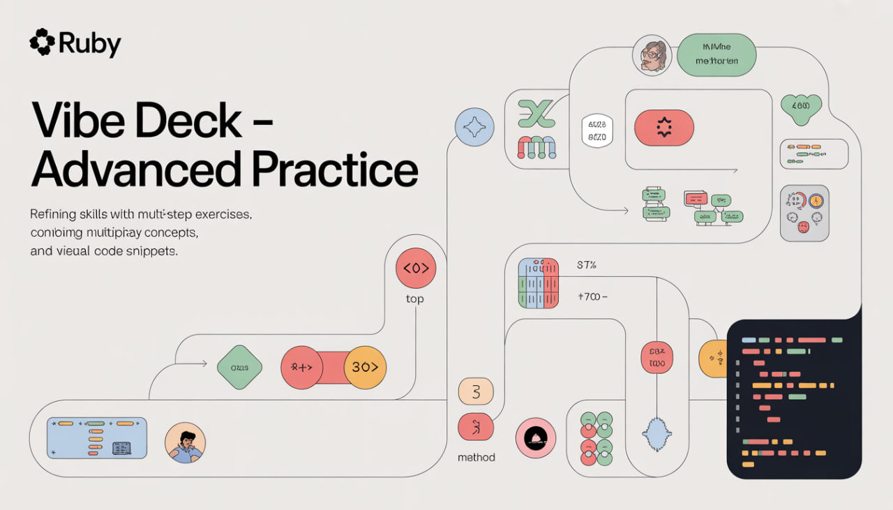 Vibe Deck - Advanced Practice graphic with Ruby logo and coding elements.