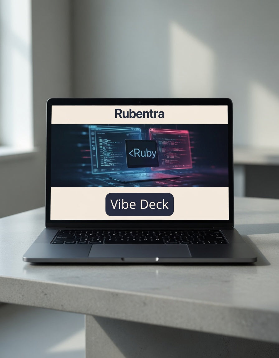 Laptop on a table displaying the Rubentra Vibe Deck interface.