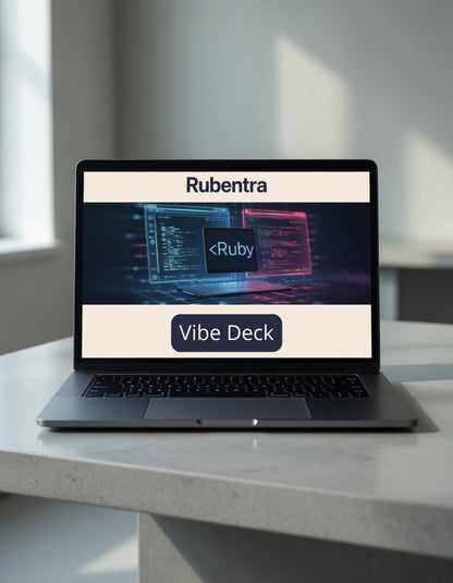 Laptop on a table displaying the Rubentra Vibe Deck interface.