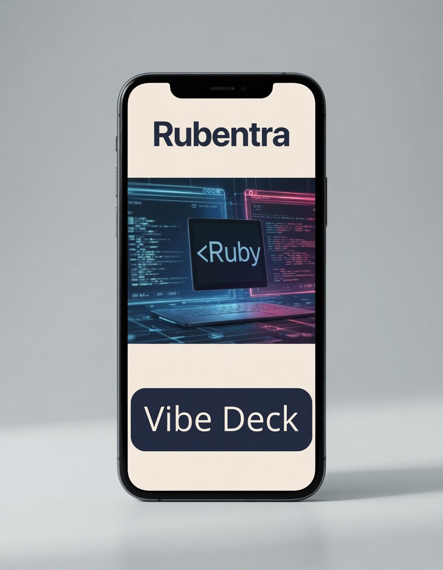 Phone displaying Rubentra Vibe Deck with Ruby programming language on a gray background