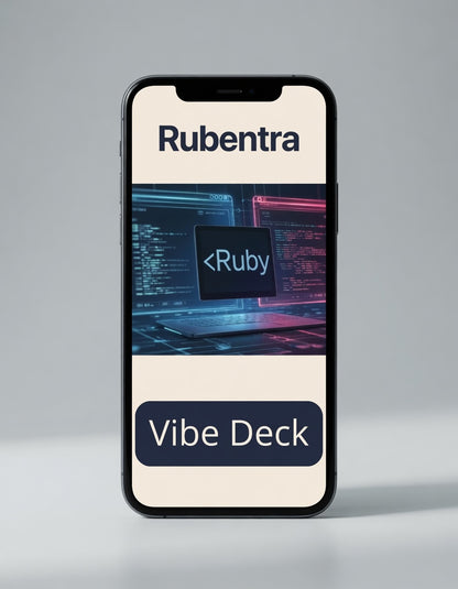 Phone displaying Rubentra Vibe Deck with Ruby programming language on a gray background