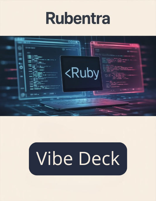 Laptop with Ruby programming interface on screen, Rubentra branding visible